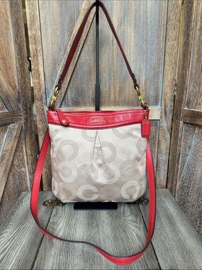 Coach Ashley Dotted Op Art Beige Jacquard/Red Leather Handbag Purse F20088